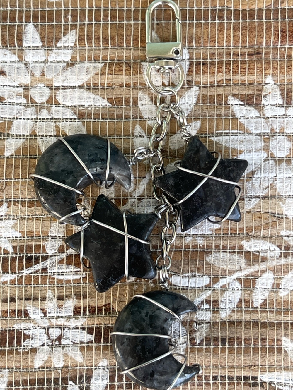 Larvikite Black Moon & Star Cluster Bag Charm Silver Stainless Steel